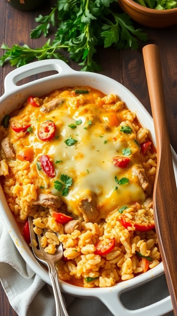 A golden brown chicken and rice casserole topped with melted cheese and mixed vegetables in a white baking dish.